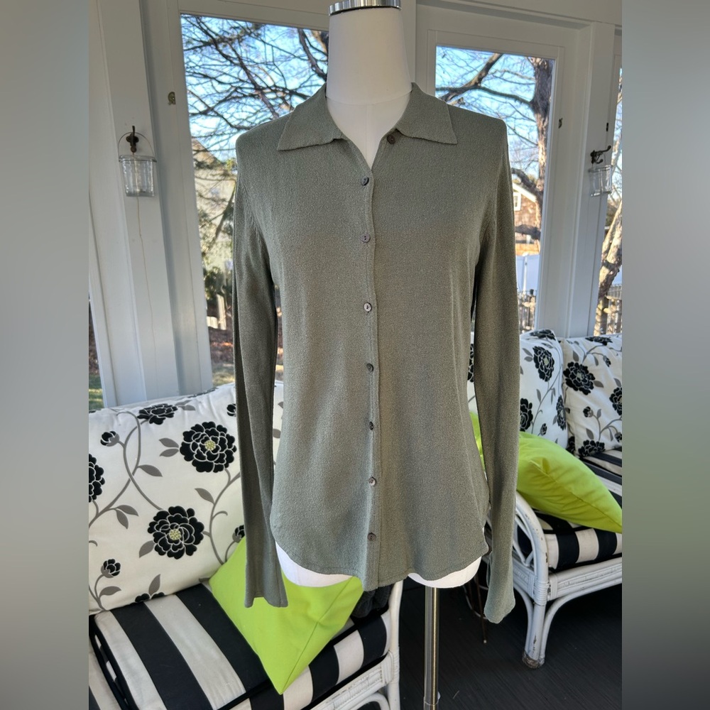 J Jill Silk and Nylon Knitted Olive Green Long Sleeve Button Front Blouse